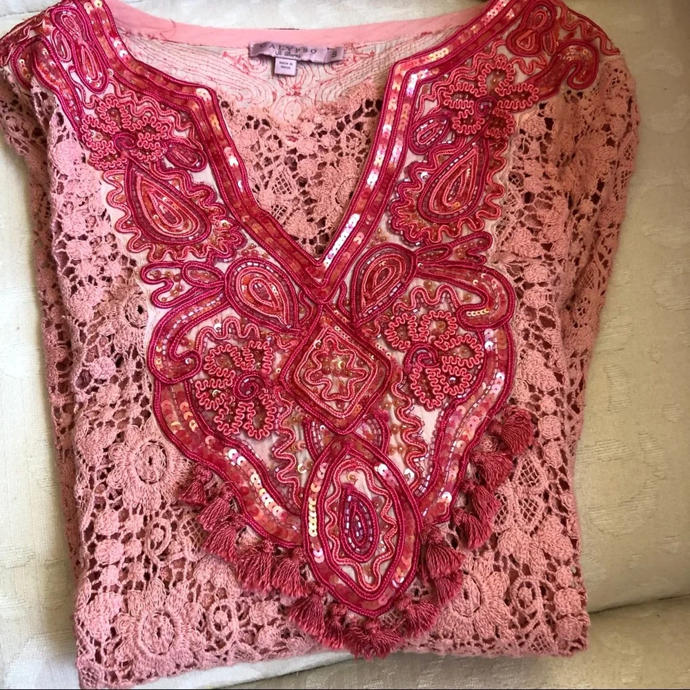 Calypso St. Barth’s tunic dress, peach/coral embroidered sequin & tassels S